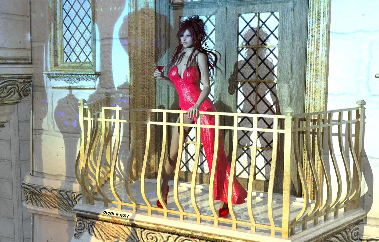 Фото обои девушка, балкон, красный костюм