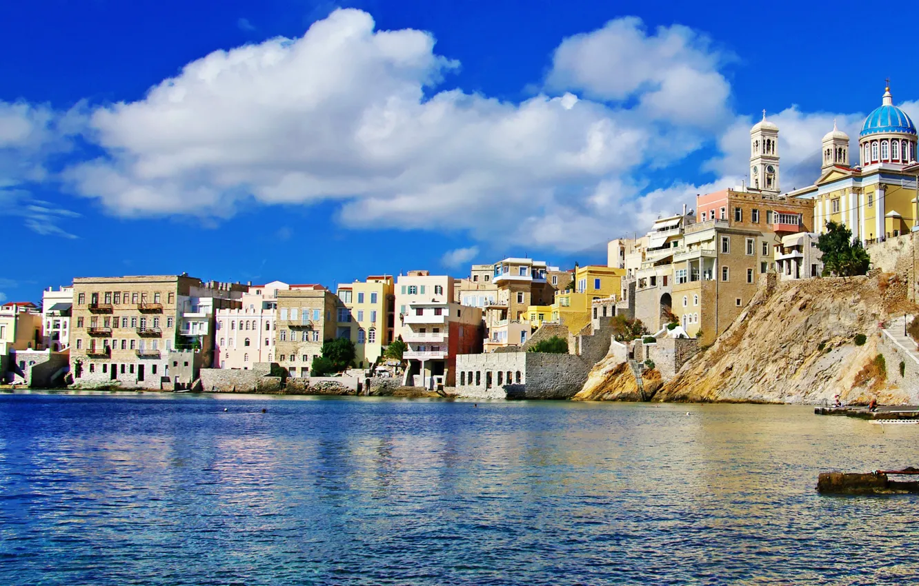 Фото обои море, город, фото, дома, Греция