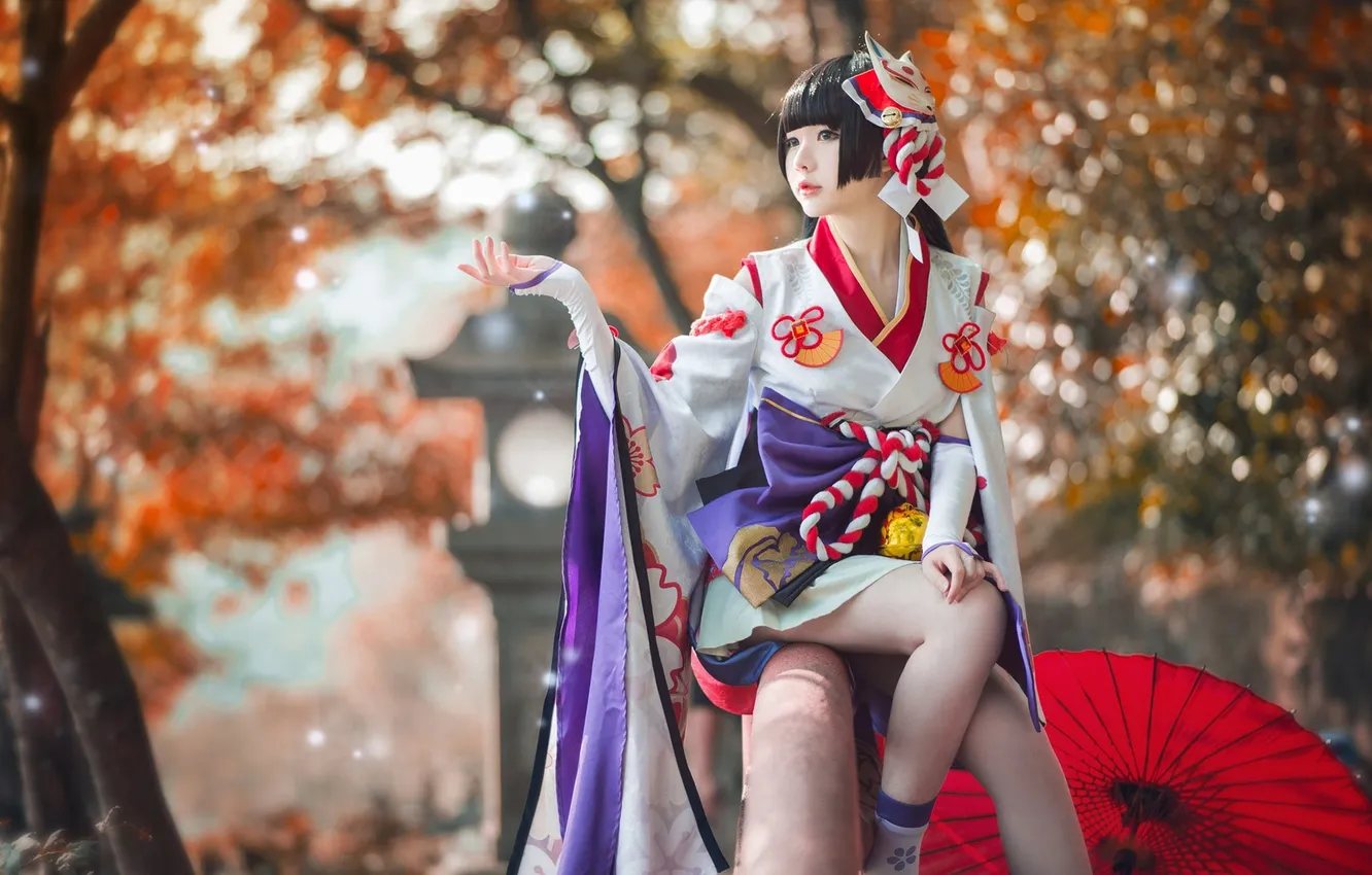 Фото обои umbrella, autumn, pose, kimono, Japanese girl