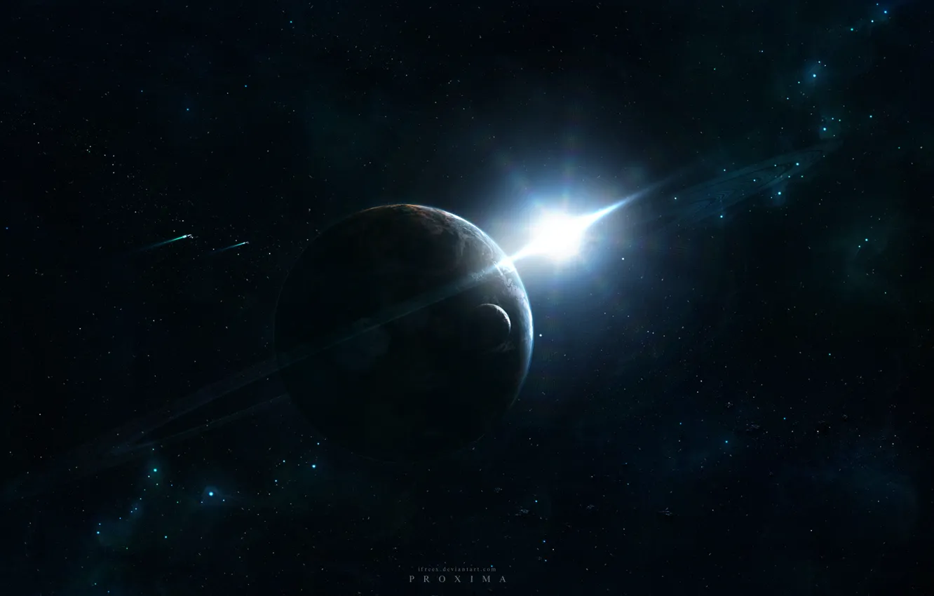 Фото обои космос, свет, сияние, планета, спутник, корабли, звёзды, кольцо