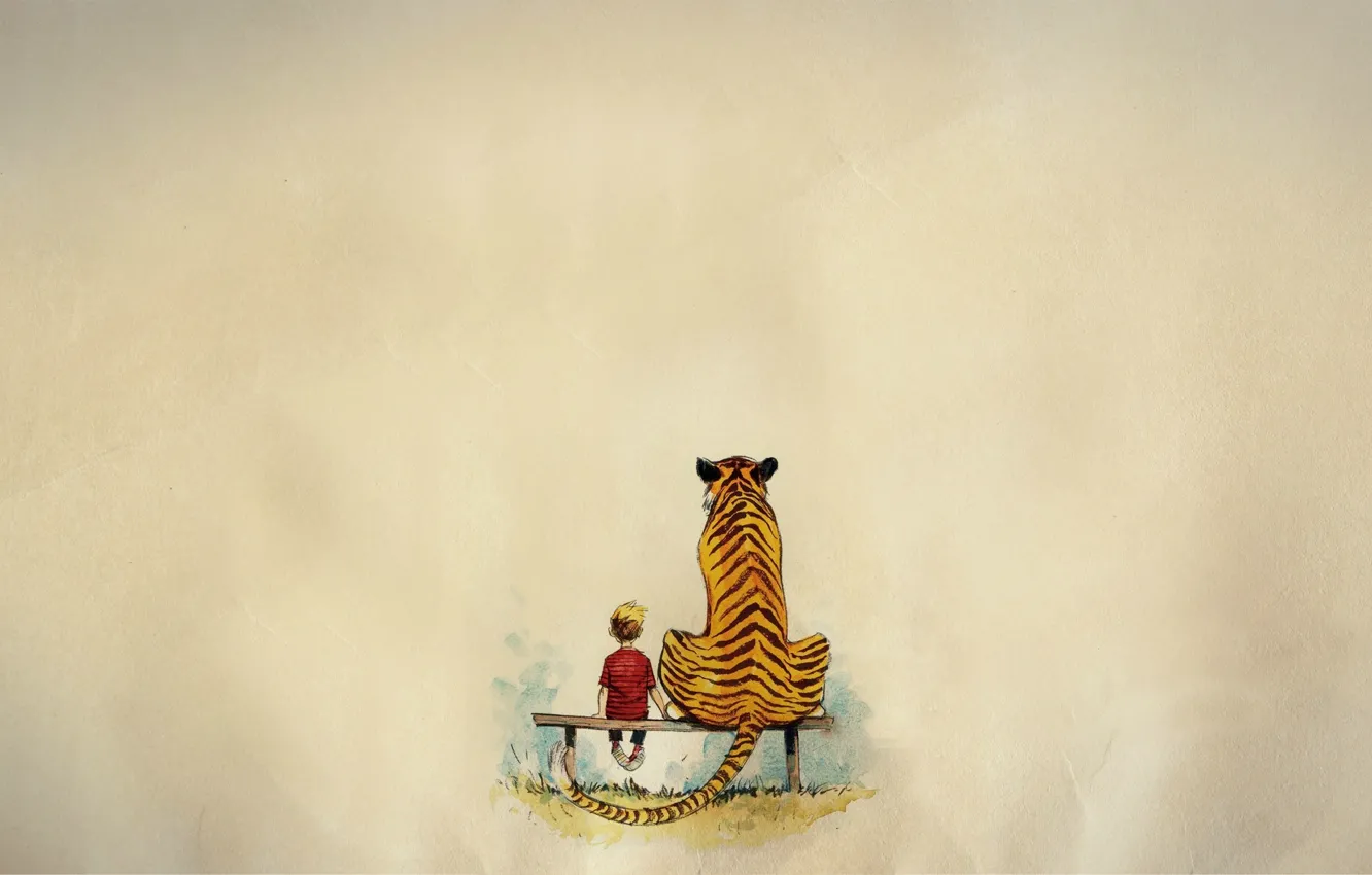 Фото обои скамейка, тигр, фон, Мальчик