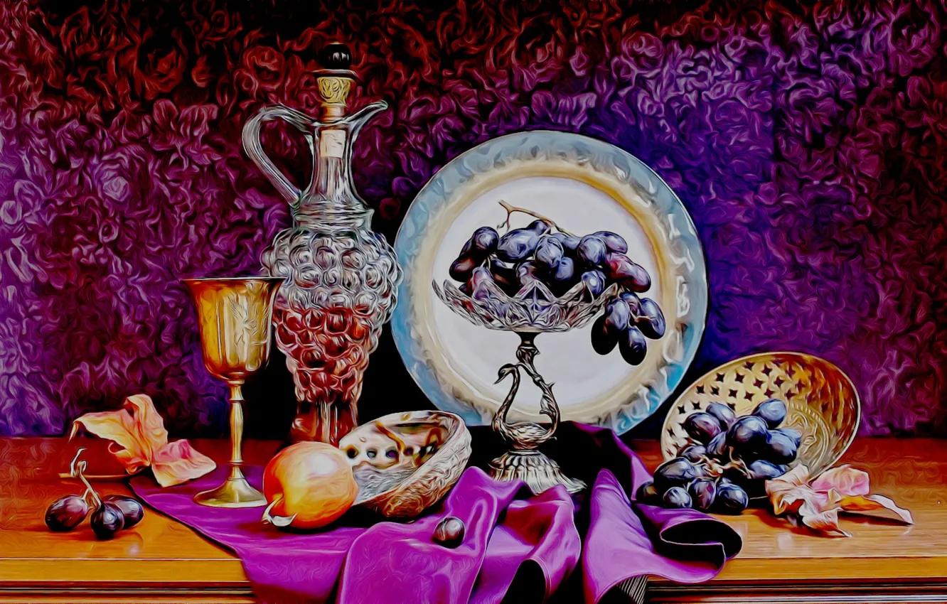 Фото обои рендеринг, серебро, бокал, виноград, хрусталь, кувшин, натюрморт, картинка