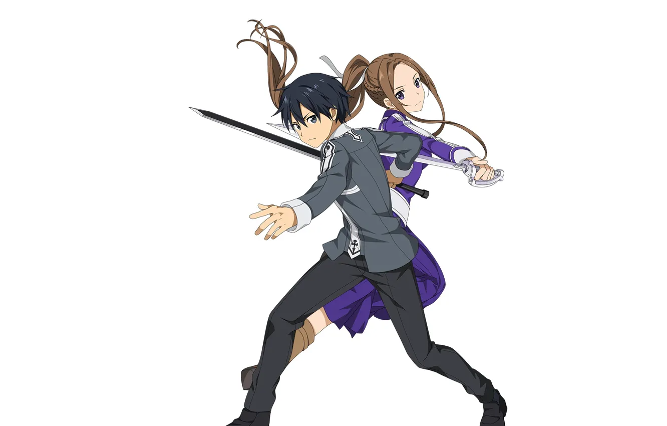 Фото обои девушка, меч, белый фон, парень, Мастера меча онлайн, Sword Art Online, Кирито