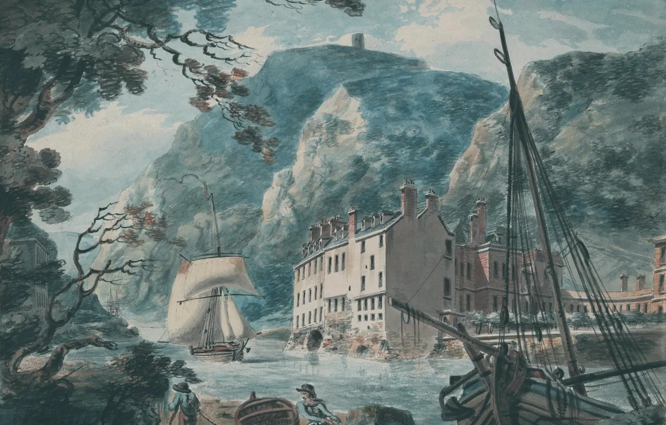 Фото обои море, пейзаж, горы, корабль, картина, акварель, парус, Уильям Тёрнер
