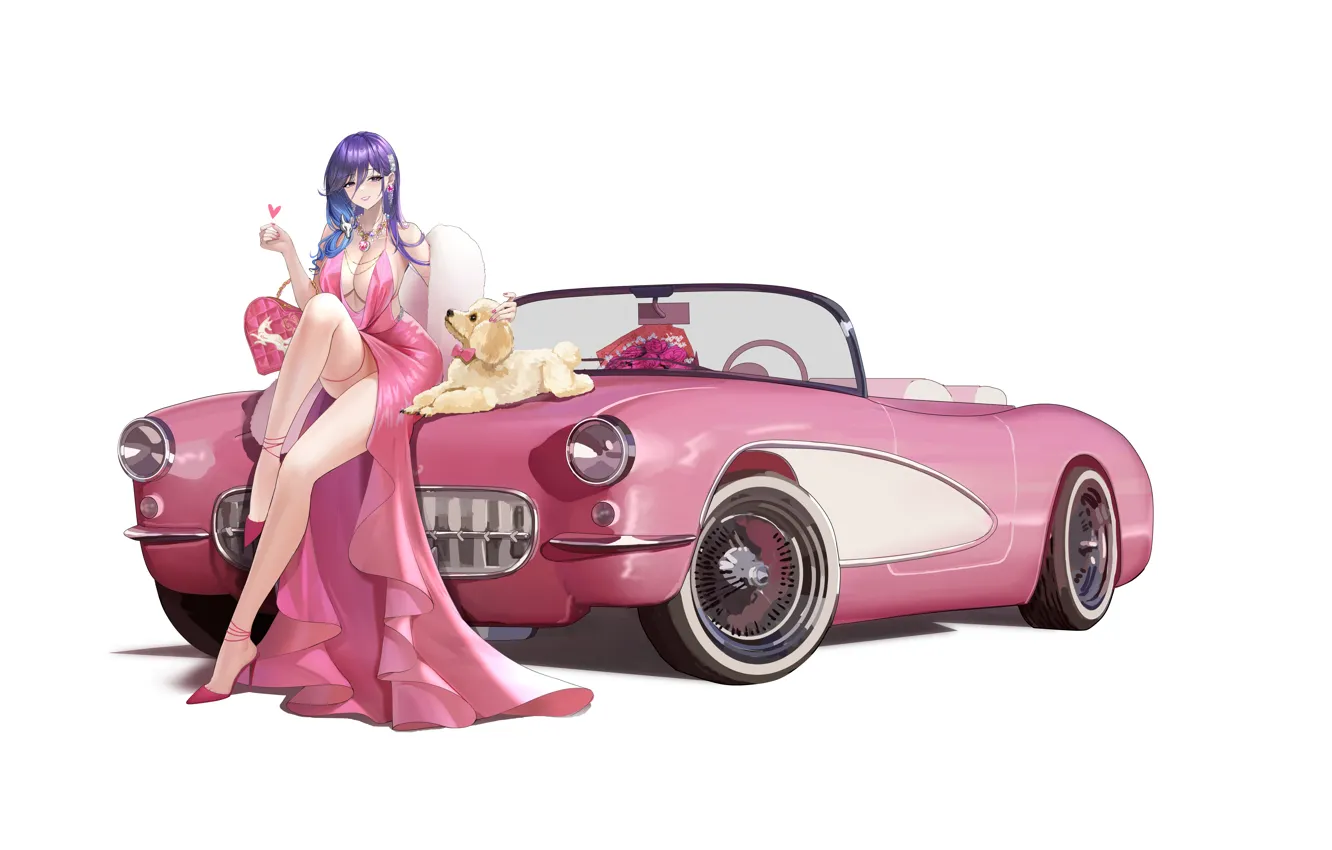 Фото обои car, cleavage, long hair, legs, animals, minimalism, smiling, sitting