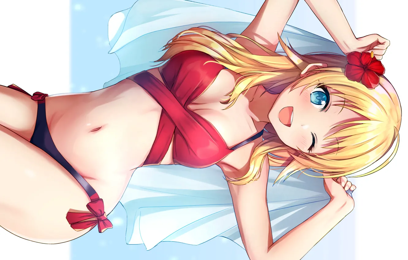 Фото обои girl, sexy, cleavage, flower, long hair, boobs, anime, beautiful