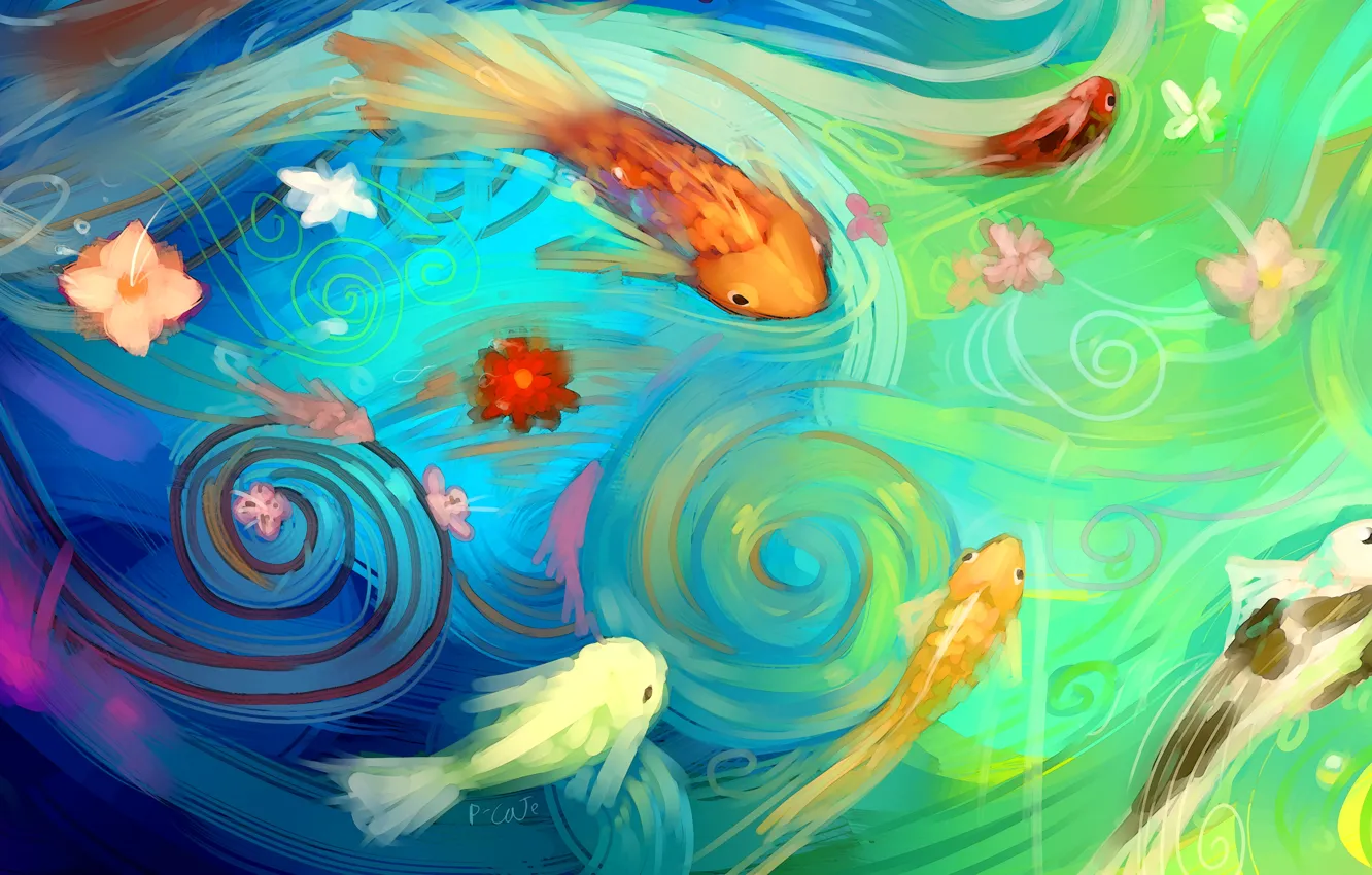 Фото обои вода, рыбки, рыбы, цветы, абстракция, арт