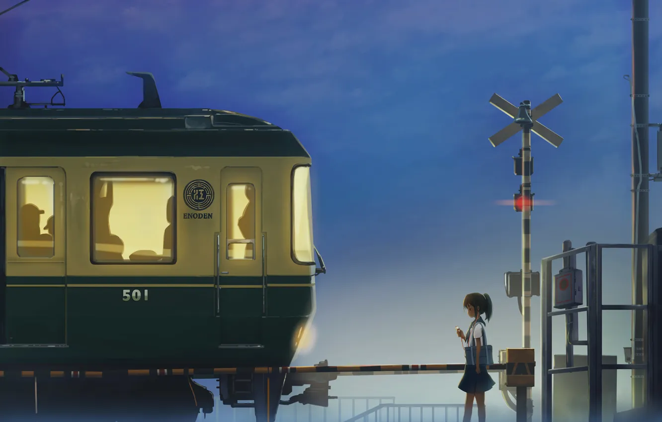 Фото обои девушка, поезд, аниме, наушники, арт, плеер, форма, школьница