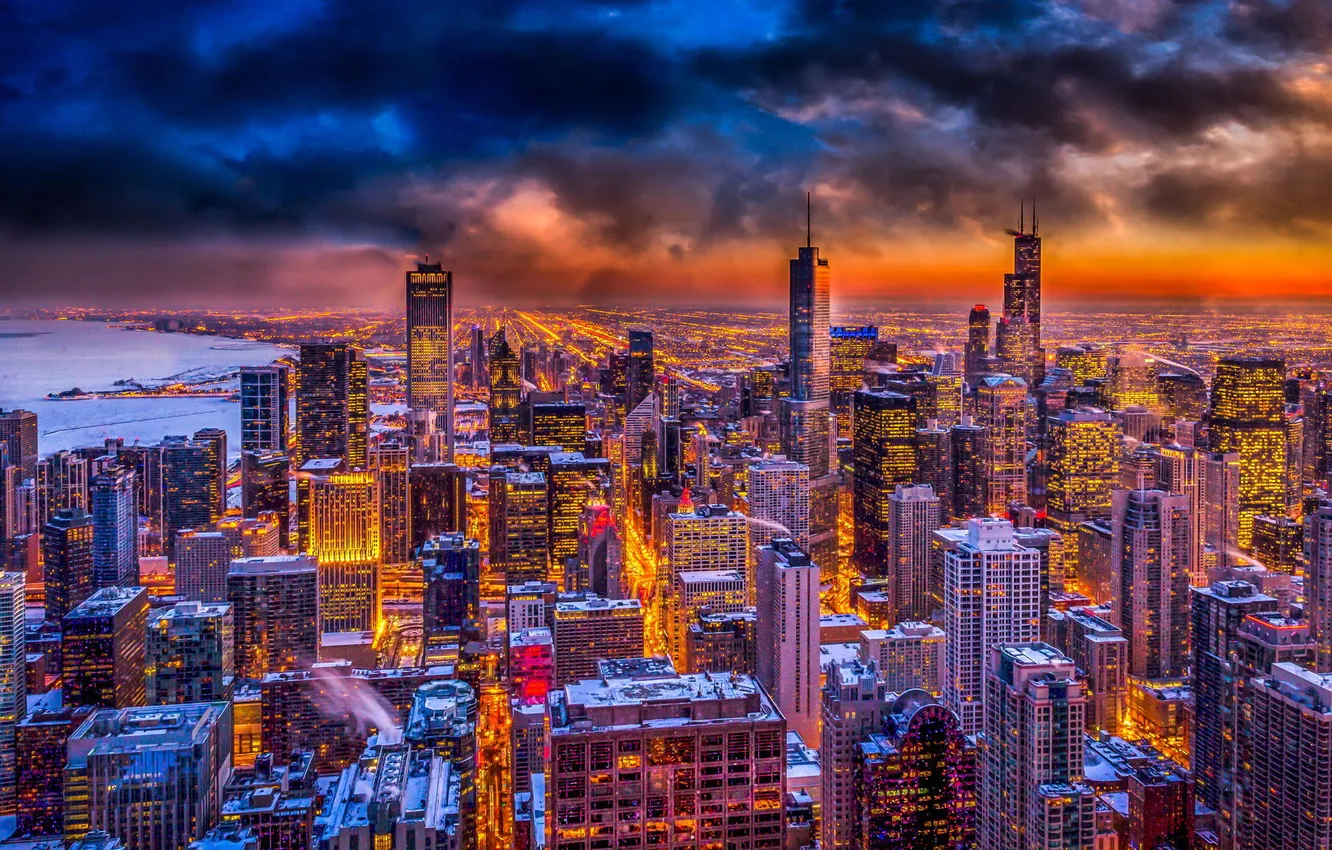 Фото обои ночь, огни, высота, небоскребы, Чикаго, USA, Chicago, мегаполис