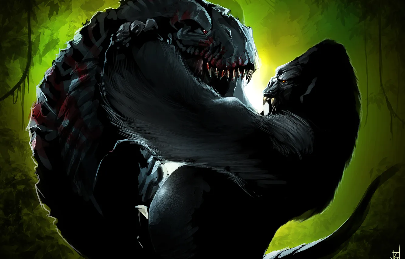 Фото обои King Kong, динозавр, борьба, горилла, art, by TheRisingSoul