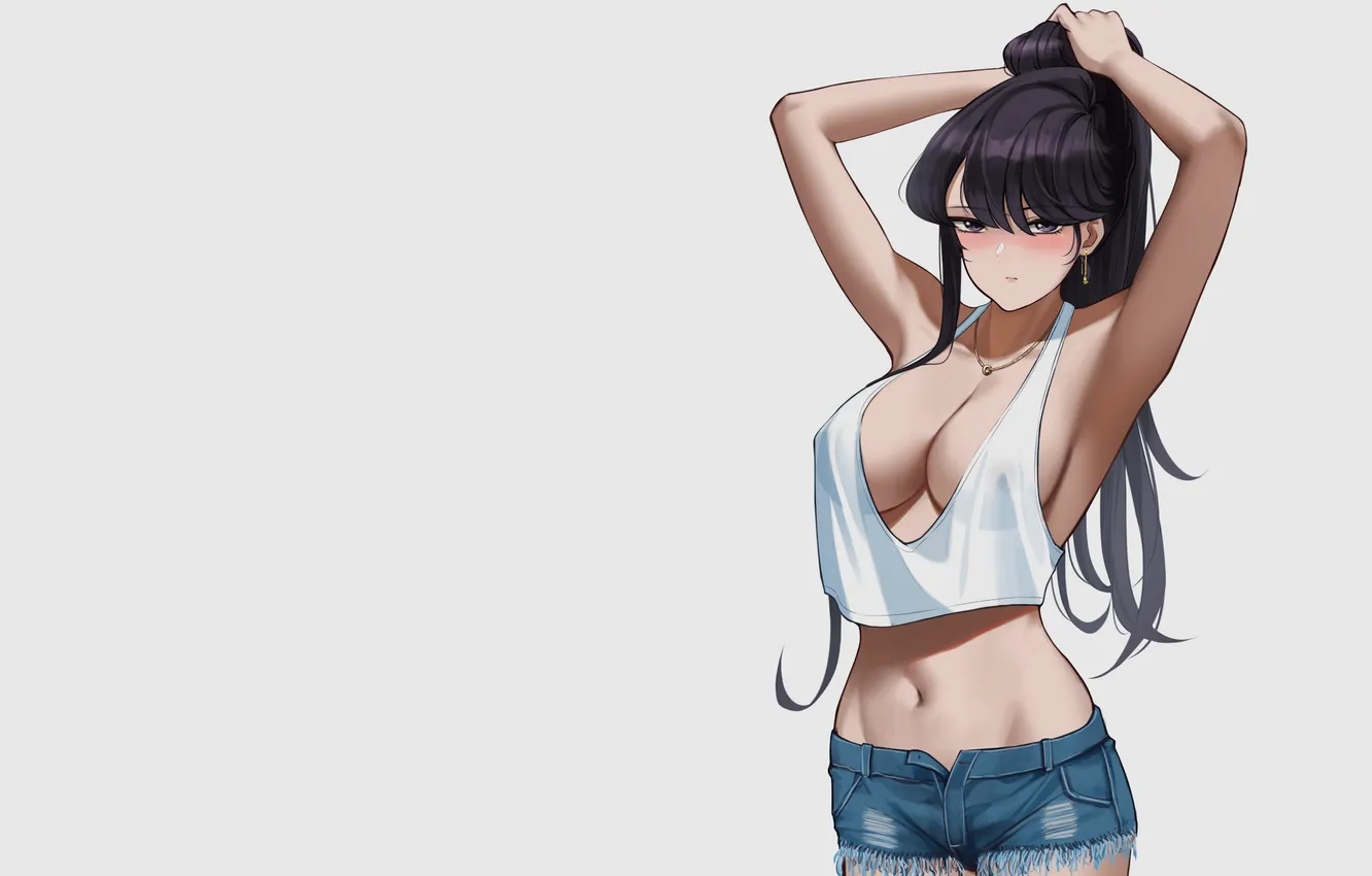 Фото обои cleavage, belly button, tank top, hands on head, armpits, short shorts, arms up, nipple bulge