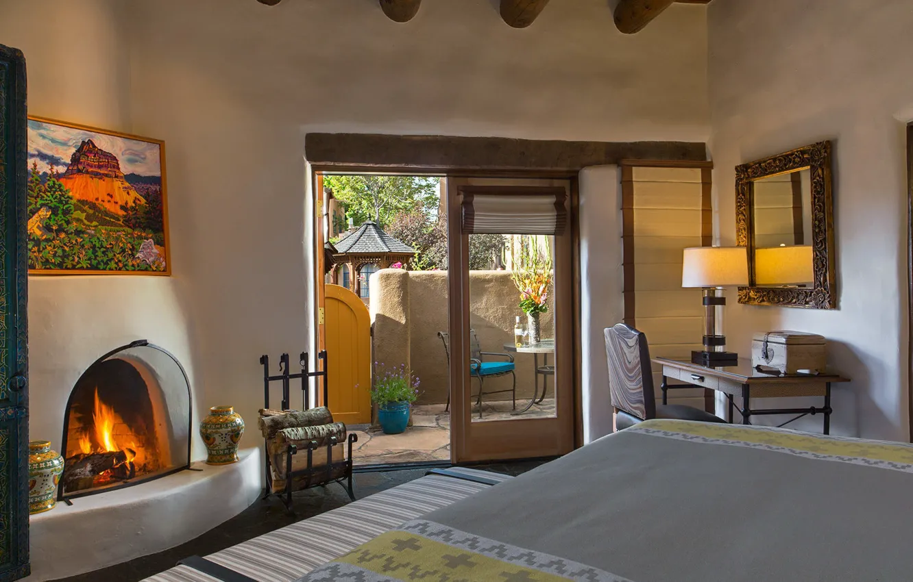 Фото обои дизайн, стиль, интерьер, камин, спальня, терраса, house in New Mexico