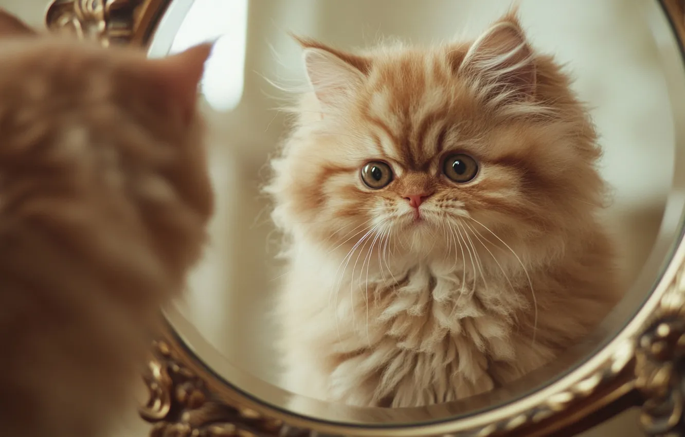 Фото обои кошка, взгляд, поза, отражение, котенок, портрет, зеркало, рыжий