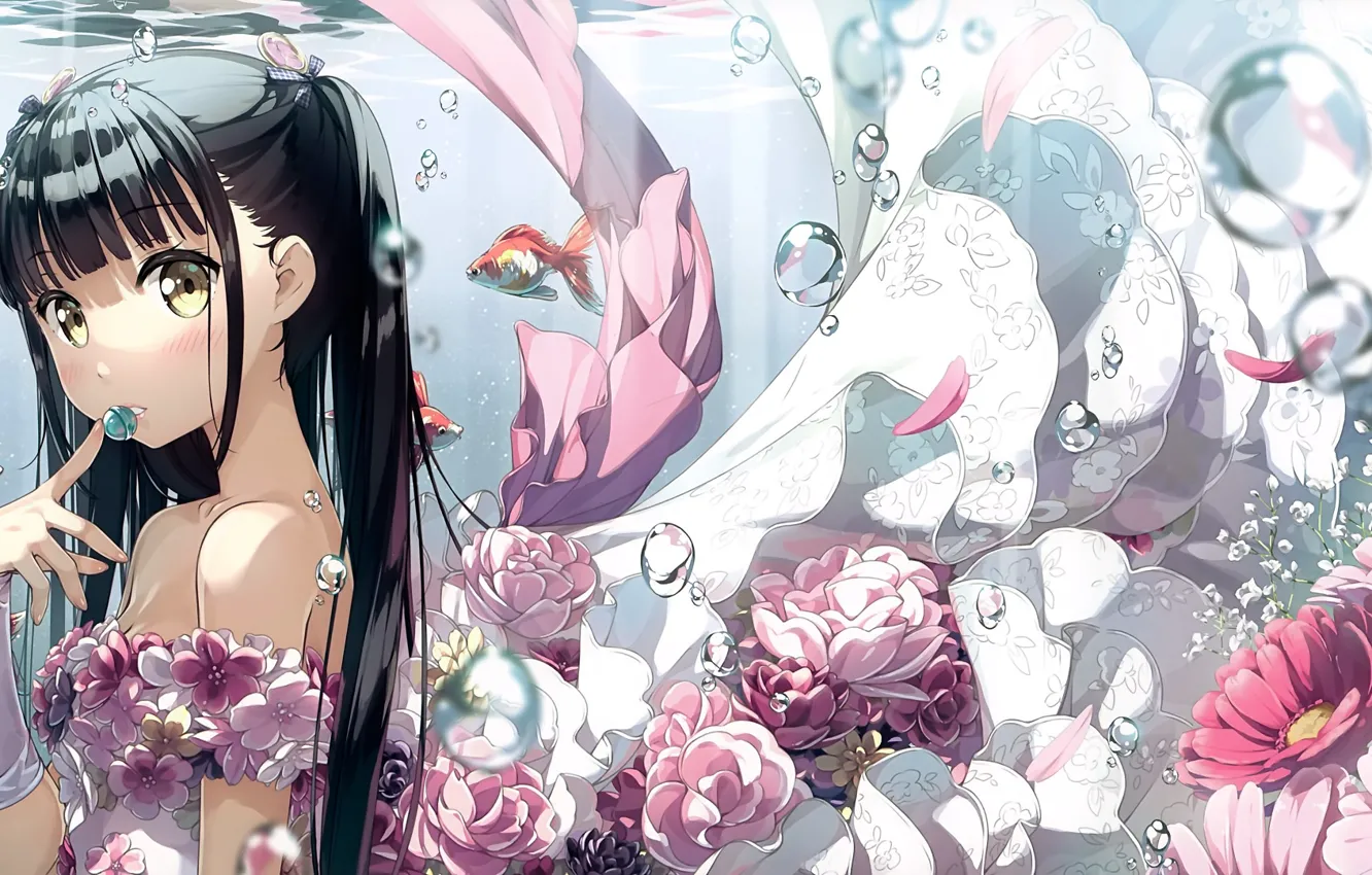 Фото обои вода, рыбки, цветы, аниме, арт, девочка, kantoku