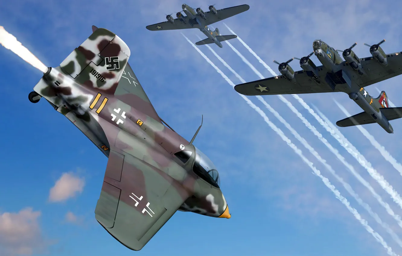 Фото обои Messerschmitt, B-17, Люфтваффе, Komet, Me.163, немецкий ракетный истребитель-перехватчик