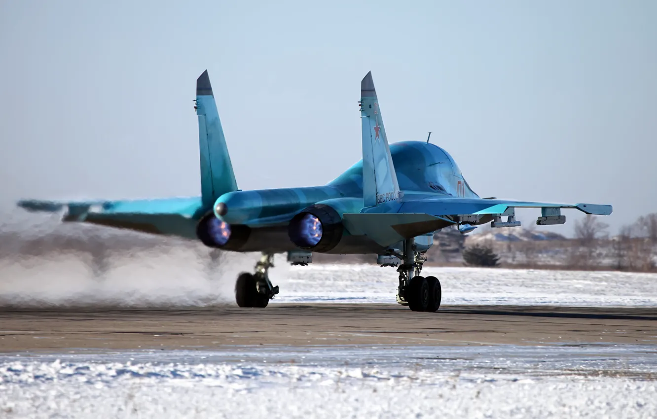 Фото обои снег, бомбардировщик, защитник, фронтовой, Fullback, ВПП, Су 34, бортовой 01