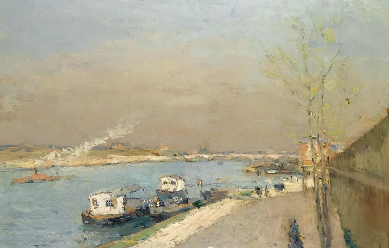 Фото обои пейзаж, река, корабль, картина, Альбер-Шарль Лебур, Albert Lebourg, Набережная Сены. Весеннее Утро