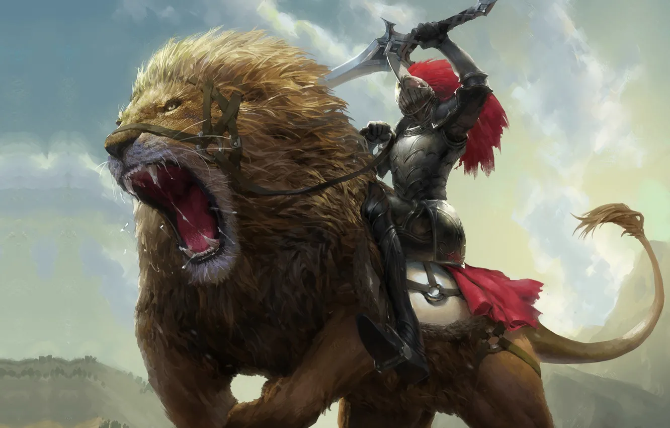 Фото обои лев, арт, fantasy, рыцарь, artstudio0618 GZBC, Black Knight