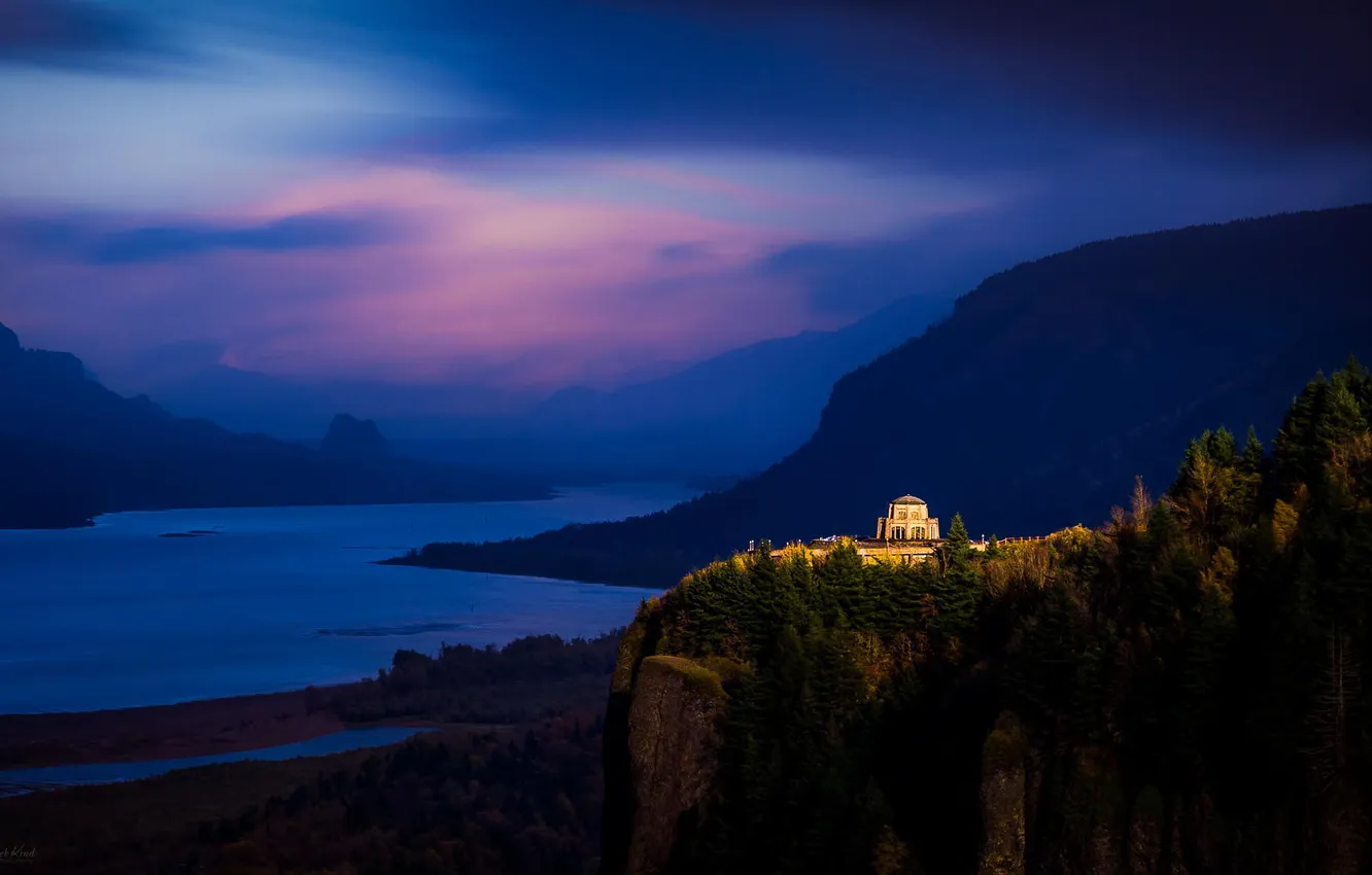 Фото обои лес, горы, река, рассвет, сумерки, Columbia River Gorge, The Overlook