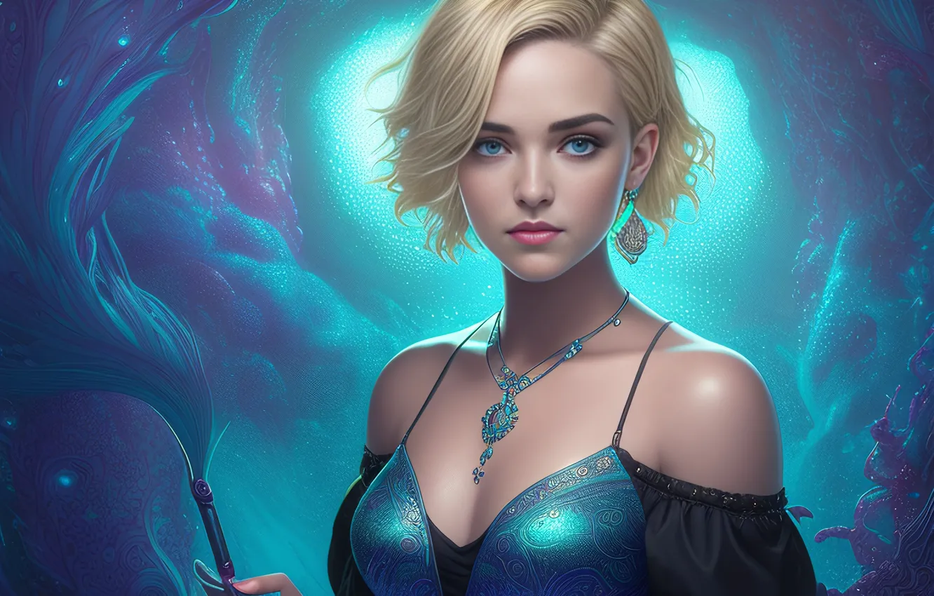 Фото обои blue eyes, women, blonde, aqua, necklace, looking at viewer, AI art