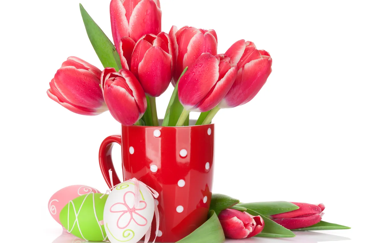 Фото обои цветы, яйца, весна, colorful, Пасха, тюльпаны, red, happy