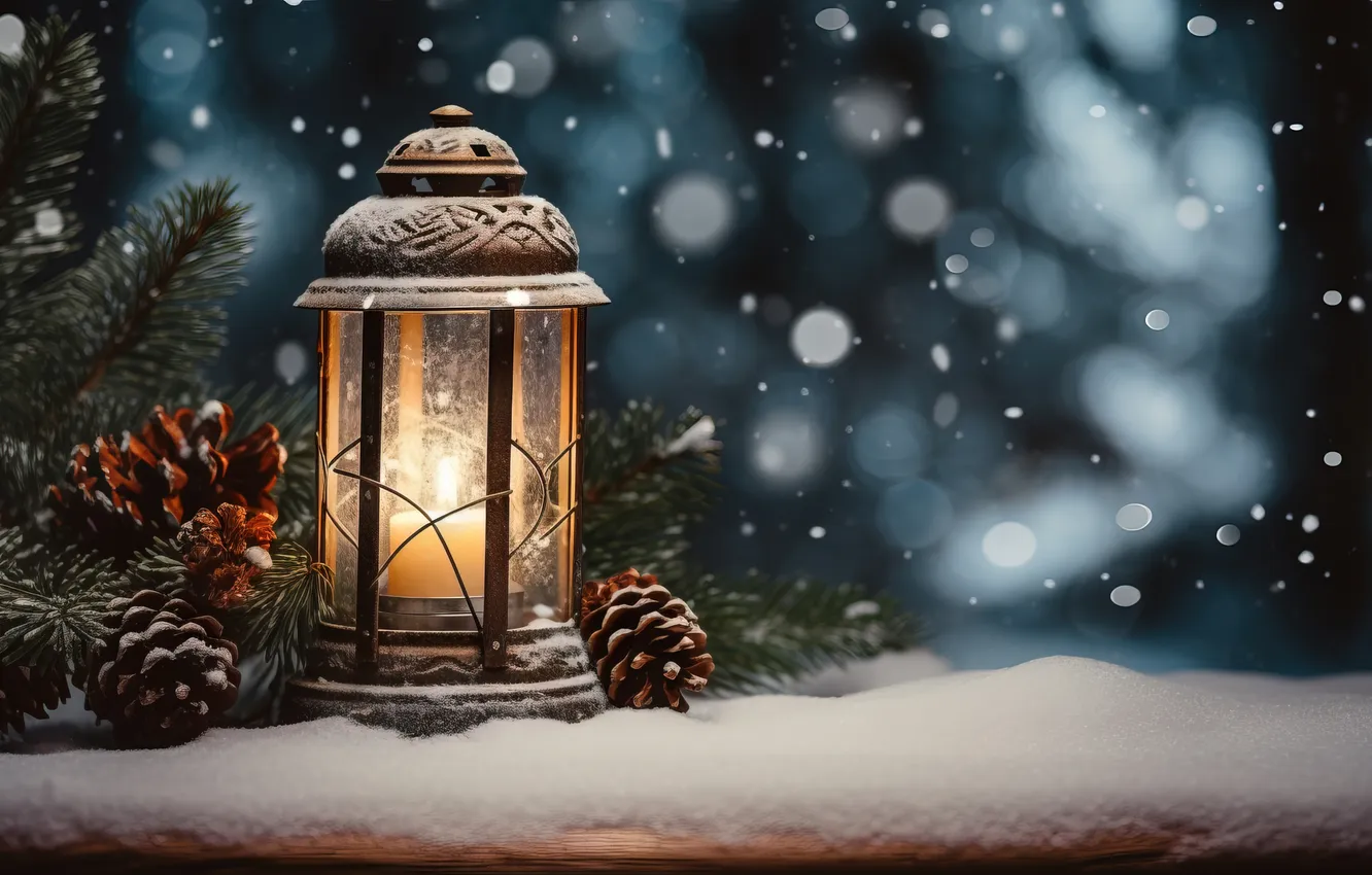 Фото обои зима, снег, ночь, Рождество, фонарь, Новый год, Christmas, night