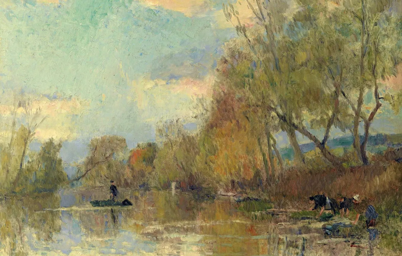 Фото обои пейзаж, река, картина, Альбер-Шарль Лебур, Albert Lebourg, Прачки