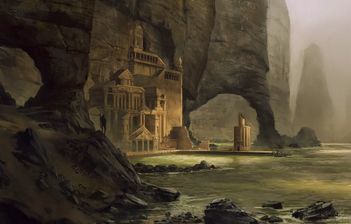 Фото обои камни, скалы, берег, человек, храм, Atlantean haven