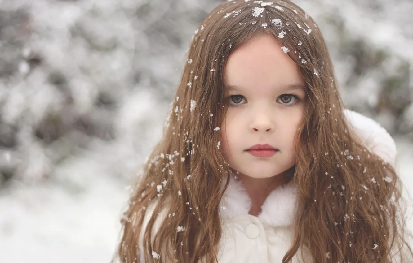Фото обои взгляд, снег, волосы, портрет, девочка
