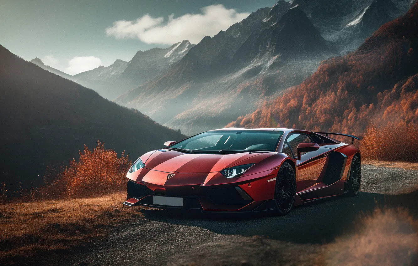 Фото обои Lamborghini, Cars, Lamborghini Aventador, Roadway, AI art, Autumn background, Orange aesthetic, Autumn Scenery