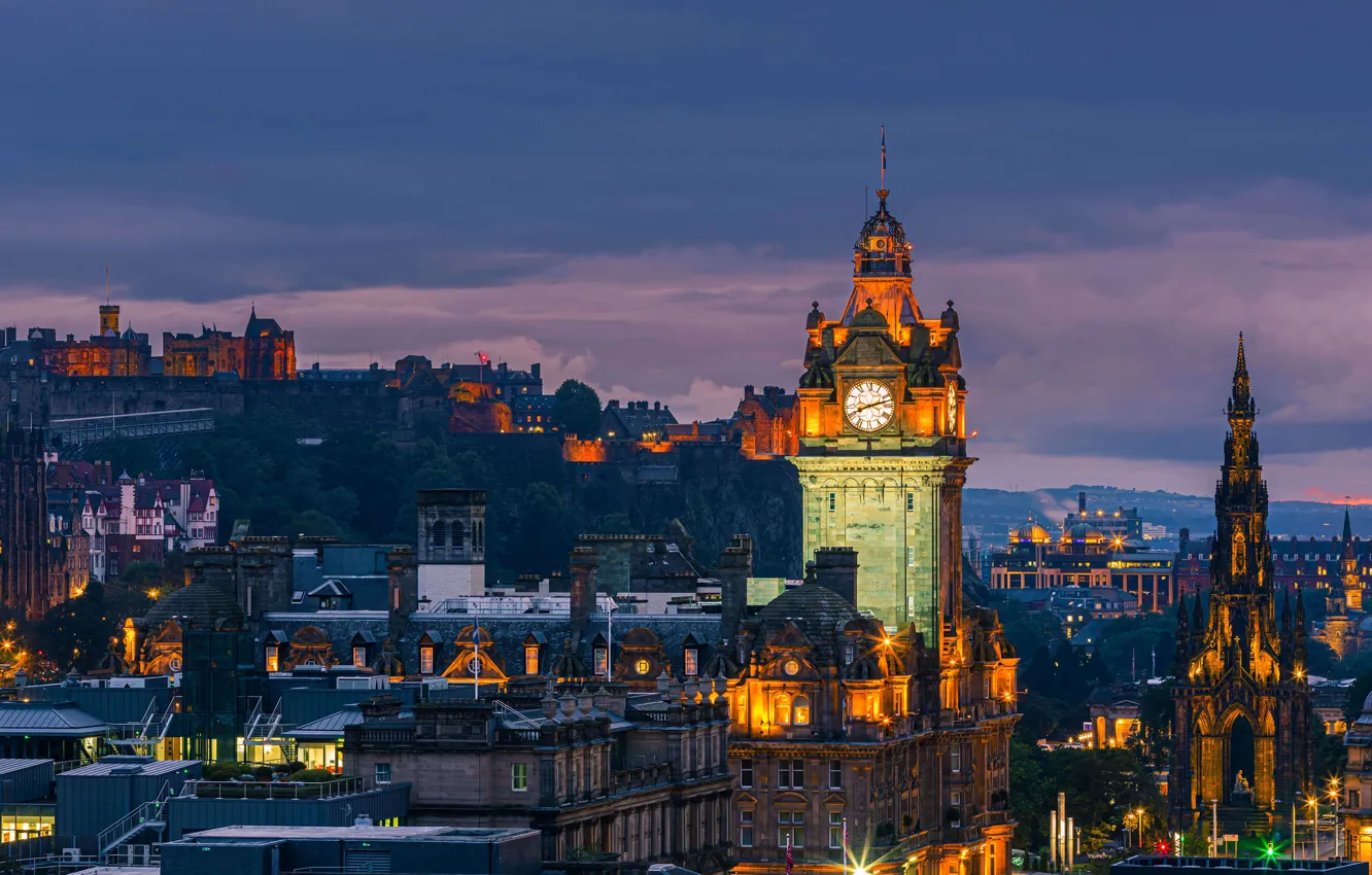 Фото обои огни, замок, часы, башня, Шотландия, Эдинбург