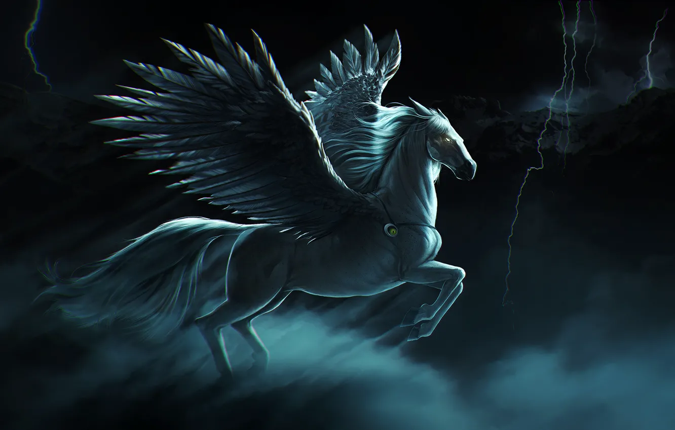 Фото обои гроза, небо, молния, лошадь, крылья, пегас, pegasus