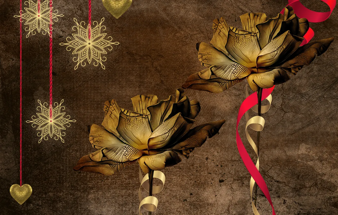 Фото обои звезды, цветы, снежинки, фон, рождество, винтаж, иллюстрация