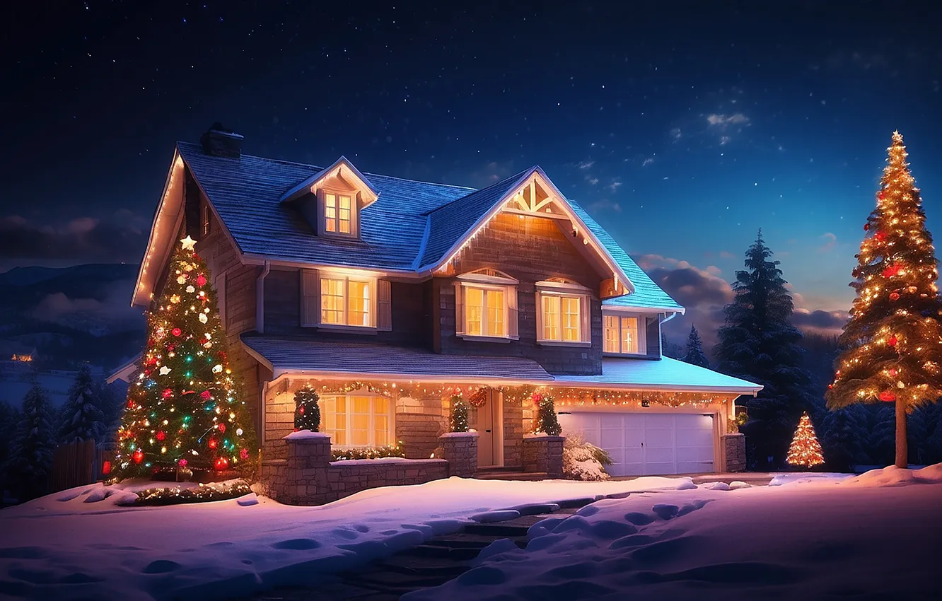 Фото обои снег, украшения, ночь, lights, дом, елка, colorful, Рождество