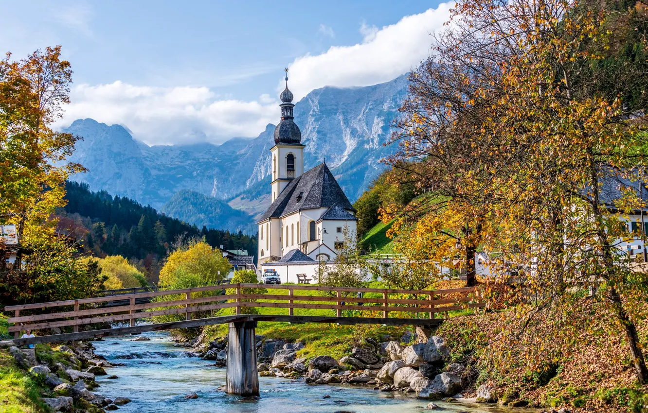 Фото обои осень, деревья, горы, мост, река, Германия, Бавария, церковь