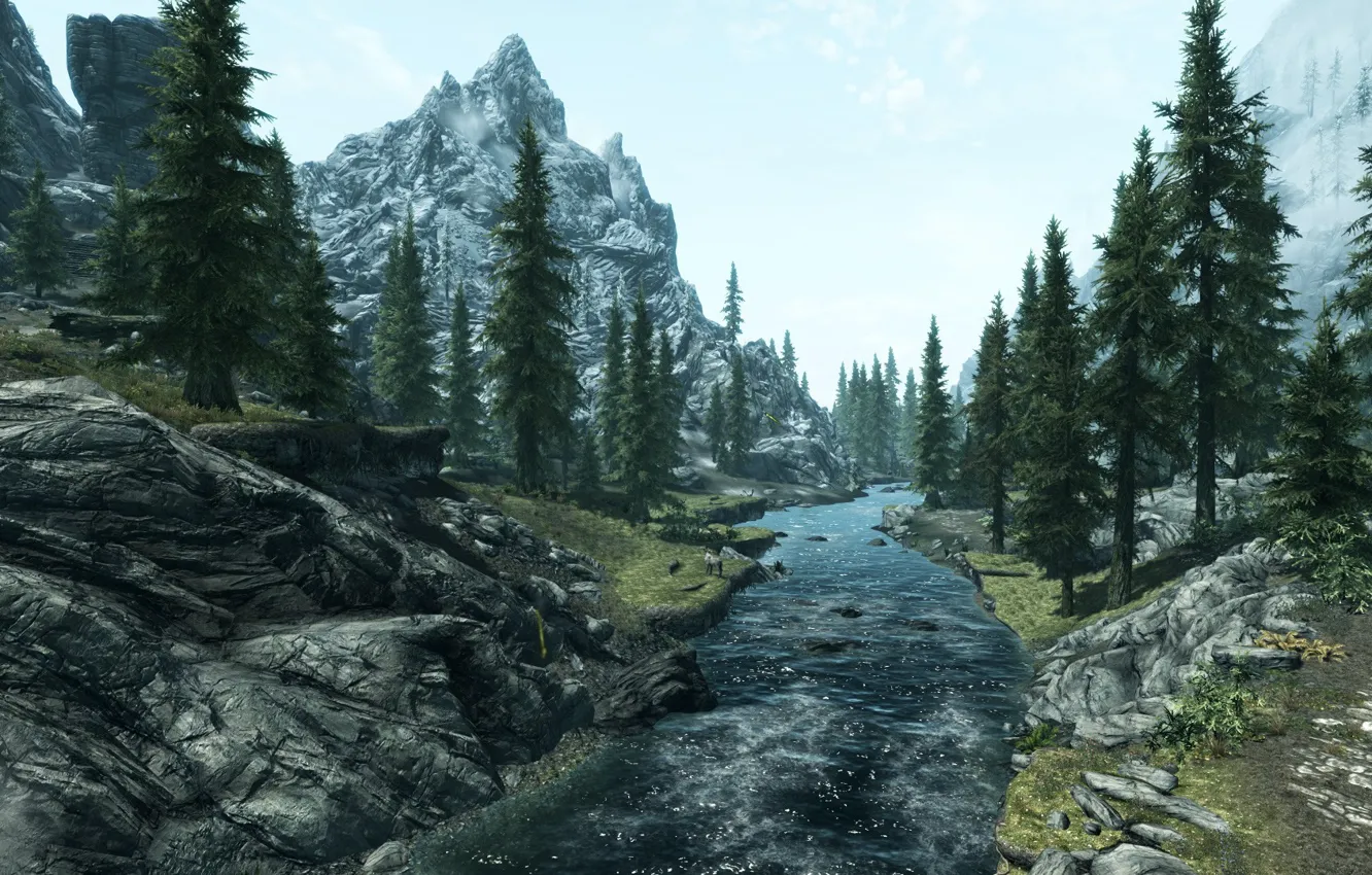 Фото обои деревья, пейзаж, горы, река, The Elder Scrolls V Skyrim
