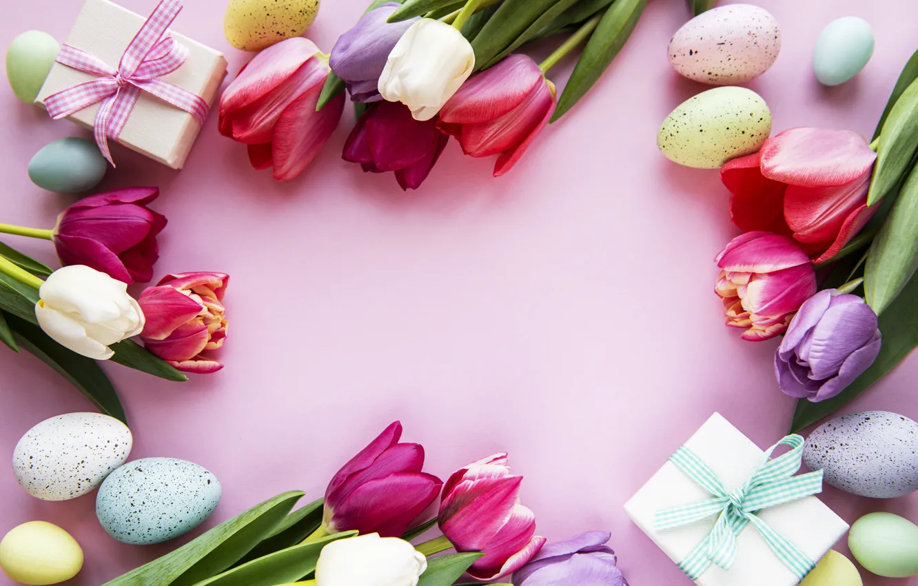 Фото обои цветы, яйца, весна, colorful, Пасха, тюльпаны, happy, pink