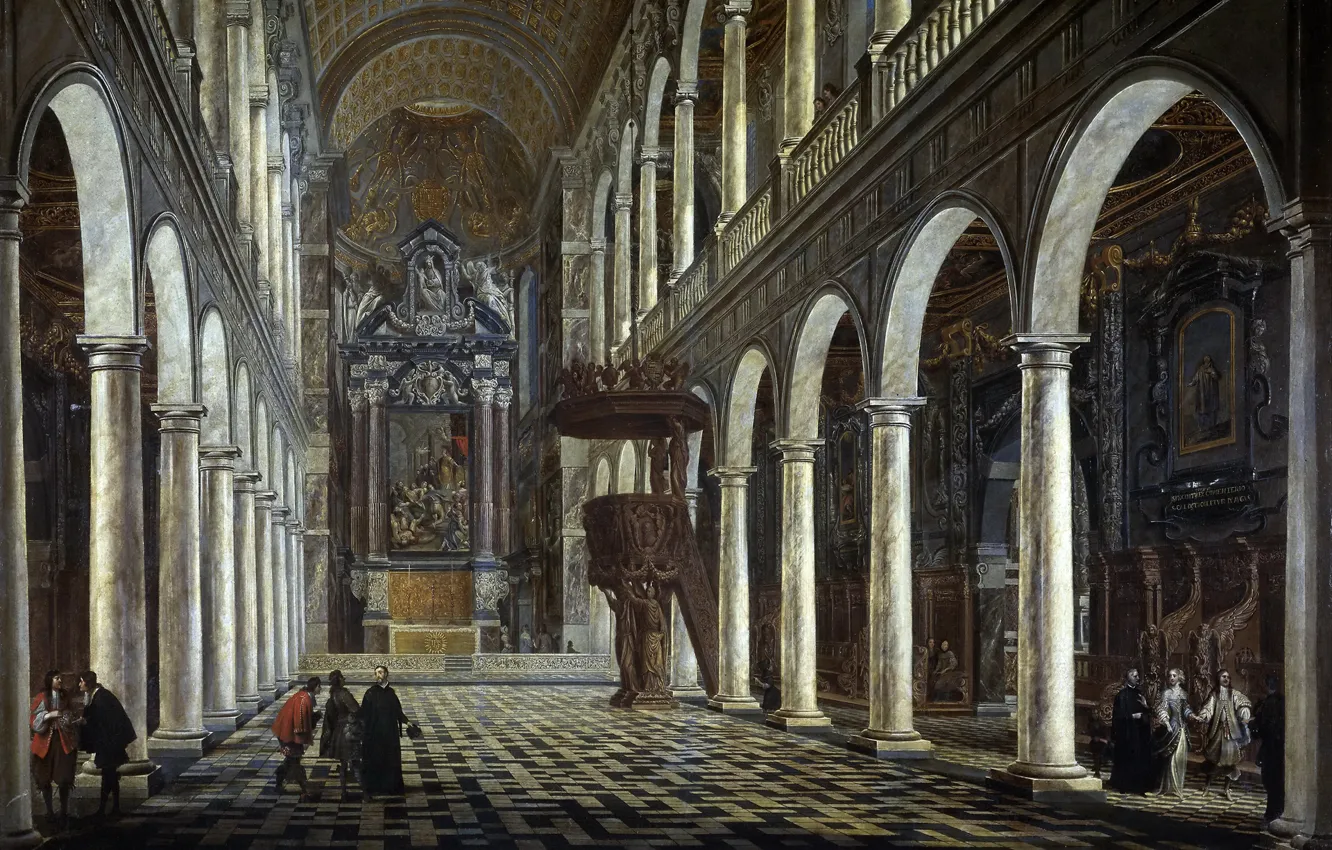 Фото обои интерьер, картина, религия, колонна, неф, амвон, Церковь Иезуитов в Антверпене, Антон Гюнтер Геринг