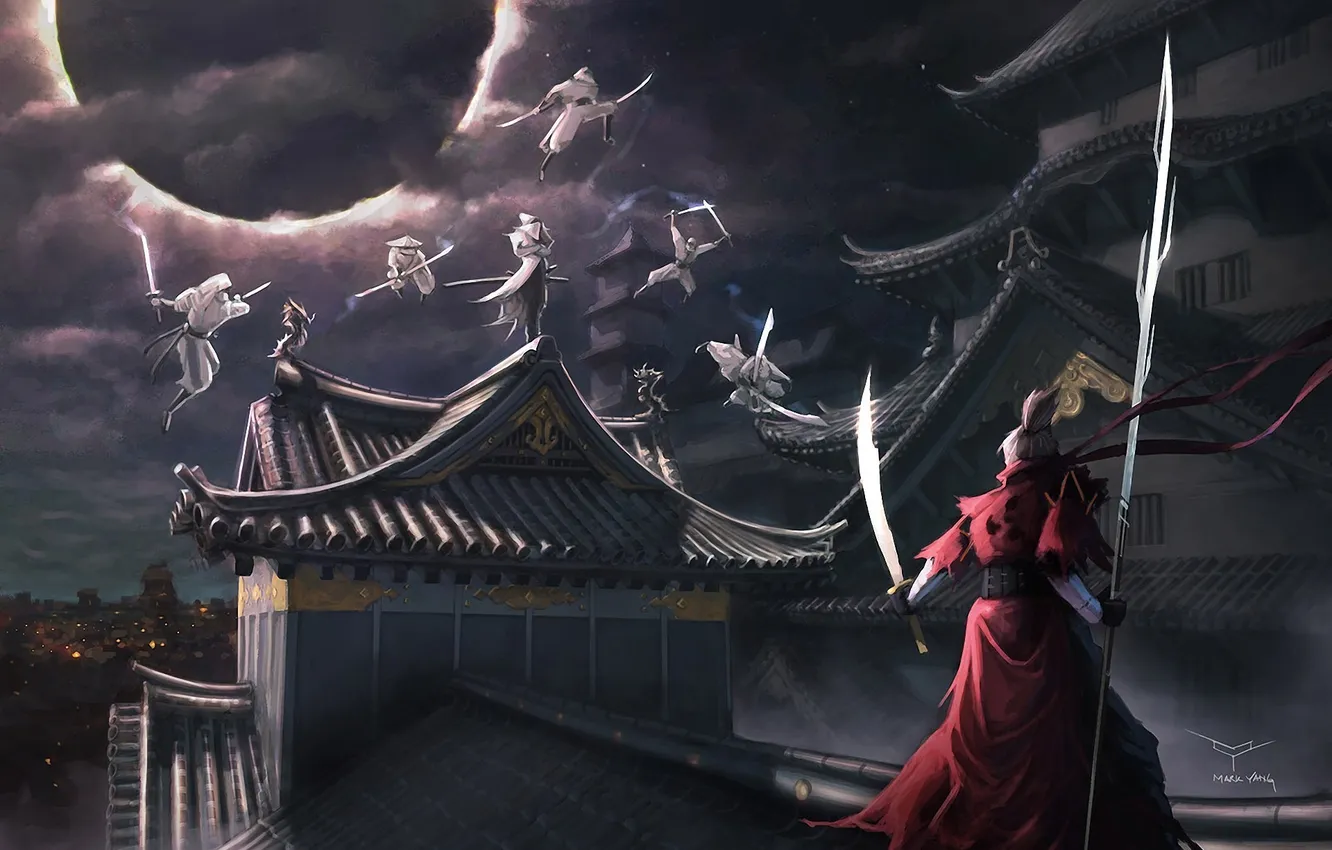Фото обои крыша, ночь, оружие, азия, меч, воин, арт, затмение