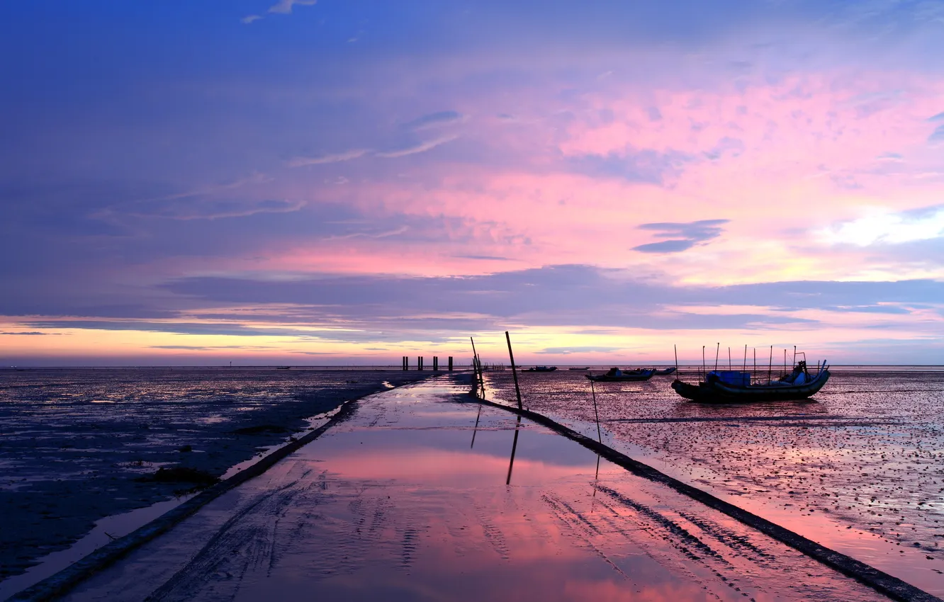 Фото обои море, пейзаж, закат, лодки