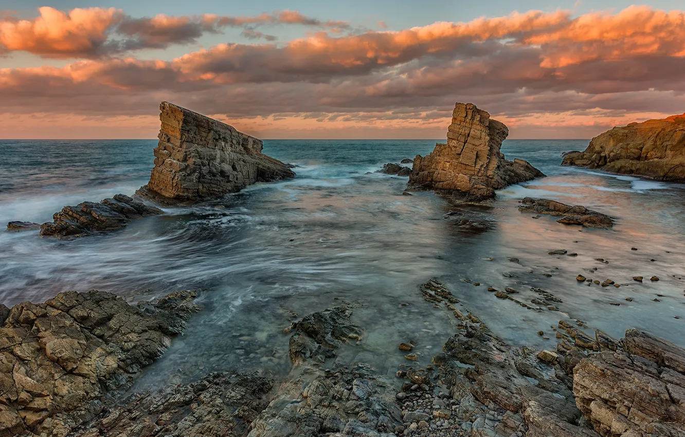 Фото обои море, небо, облака, пейзаж, закат, природа
