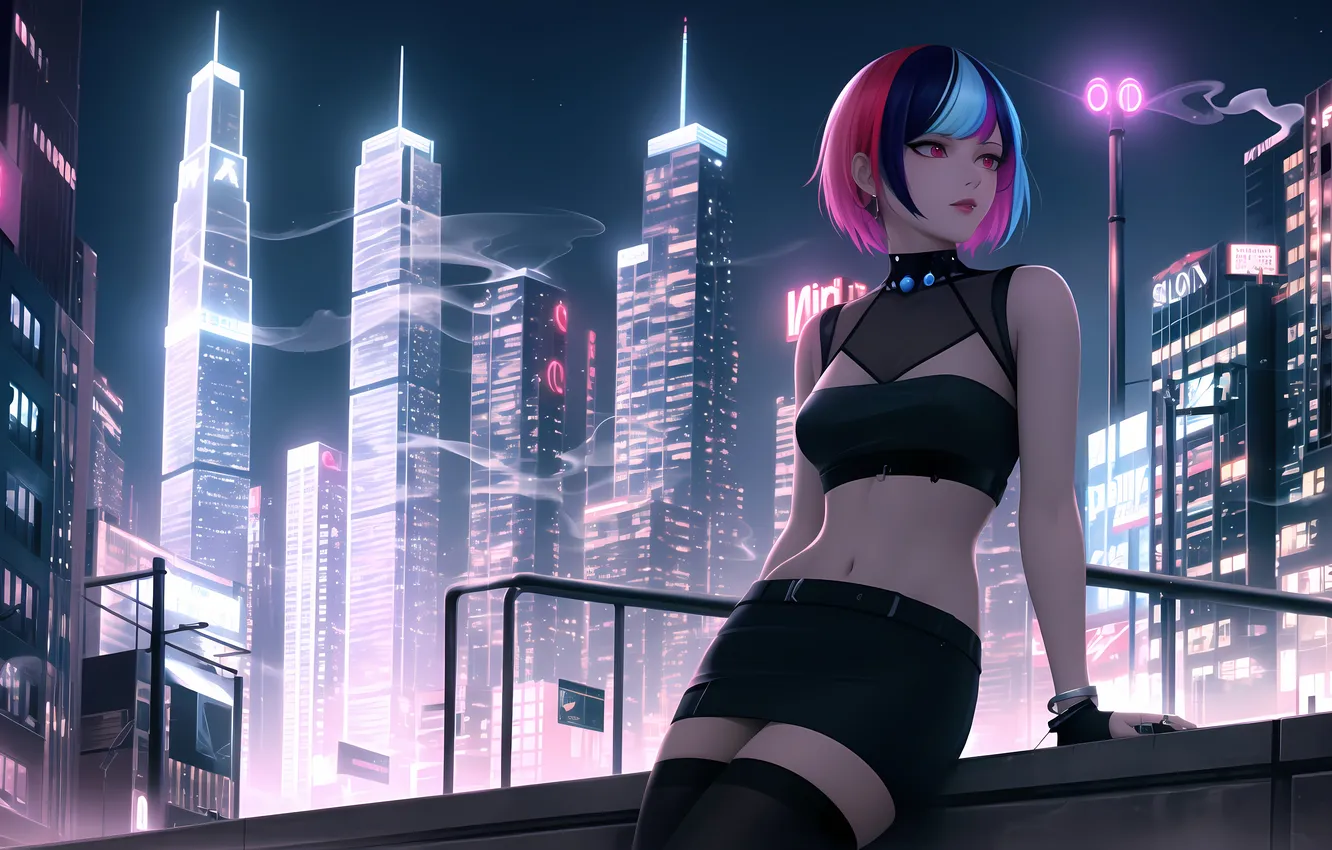Фото обои city, girl, sexy, cleavage, thighhighs, pink hair, boobs, sexy girl