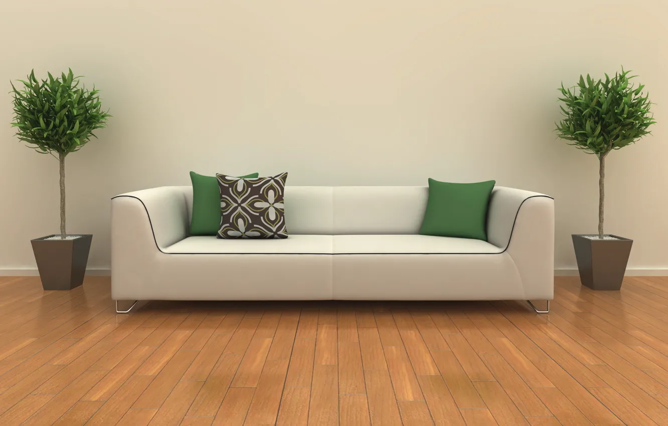 Фото обои белый, дизайн, комната, диван, интерьер, растения, подушки, зеленые