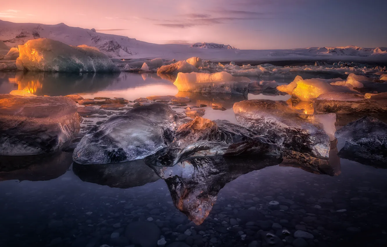 Фото обои зима, свет, лёд, лагуна, Исланди
