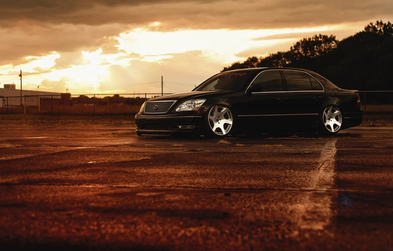 Фото обои Lexus, Front, Black, Color, Sunset, JDM, Stance, Low