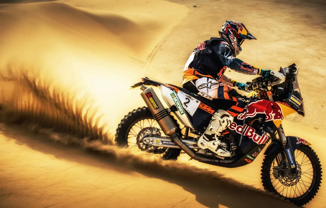 Фото обои Песок, Спорт, Пустыня, Скорость, Мотоцикл, Гонщик, Мото, KTM