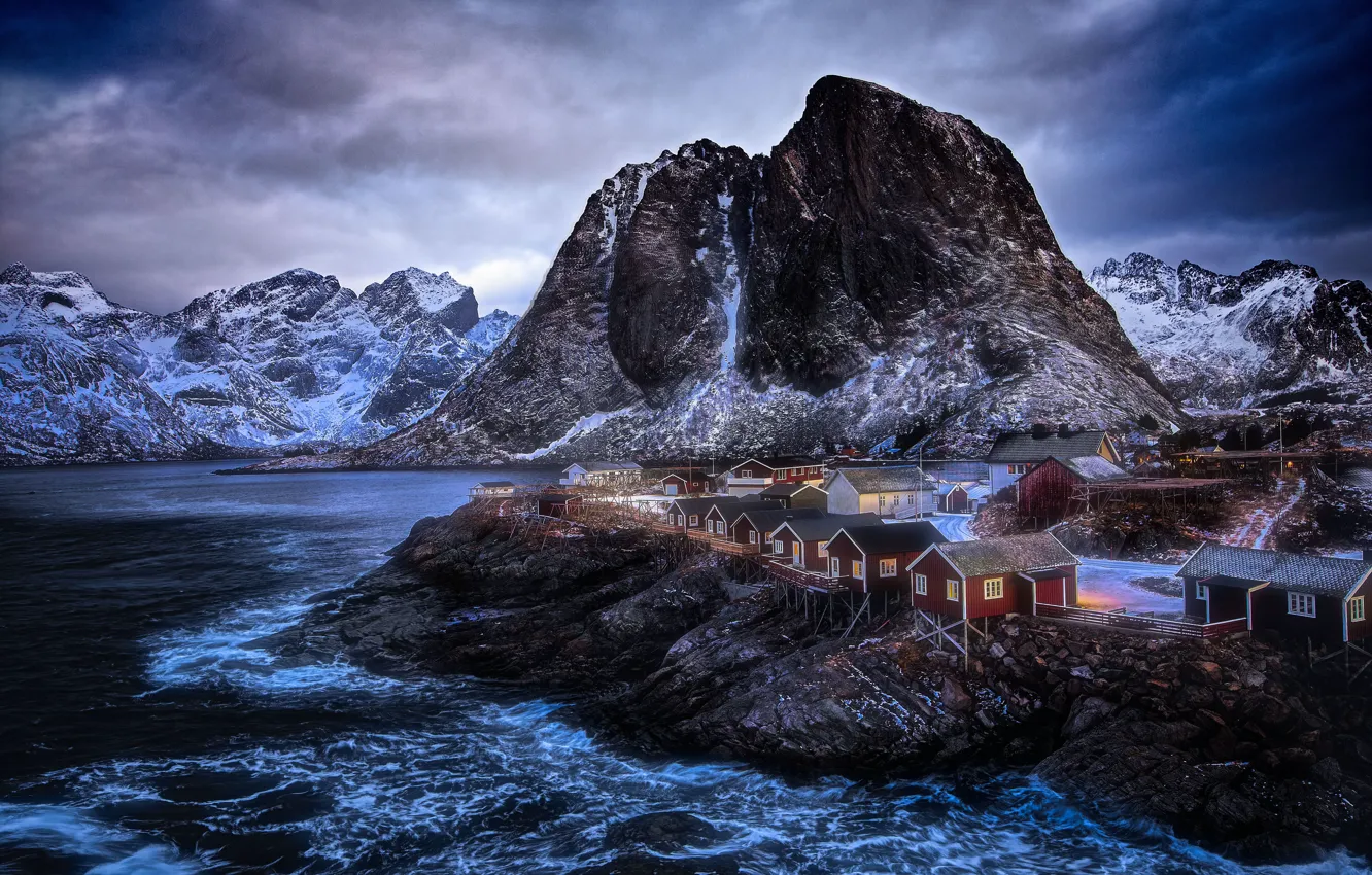 Фото обои зима, море, горы, деревня, Норвегия, домики, Norway, фьорд