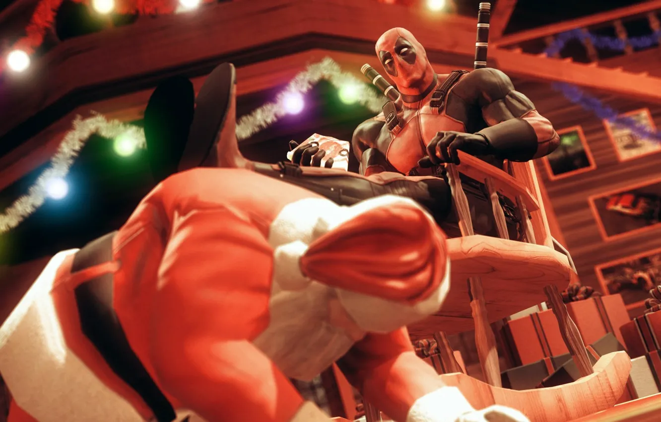 Фото обои рендеринг, праздник, костюм, злодей, Deadpool, Santa, Santa Claus, marvel comics