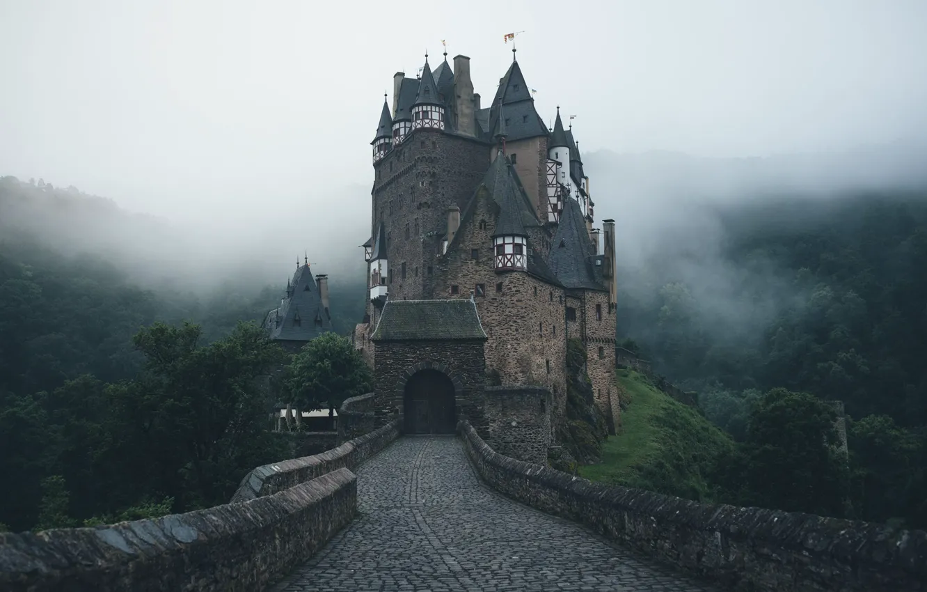 Фото обои небо, мост, туман, Германия, замок Эльц, средневековая архитектура