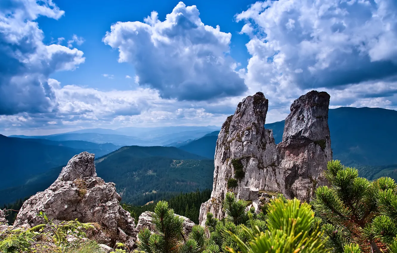 Фото обои sky, trees, mountains, clouds, rocks, landscapes, bushes, stones